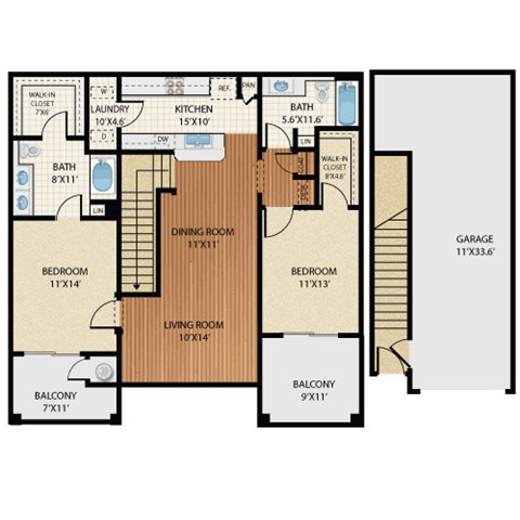 Floor plan for 2 beds, 2 baths, 1212 sqft